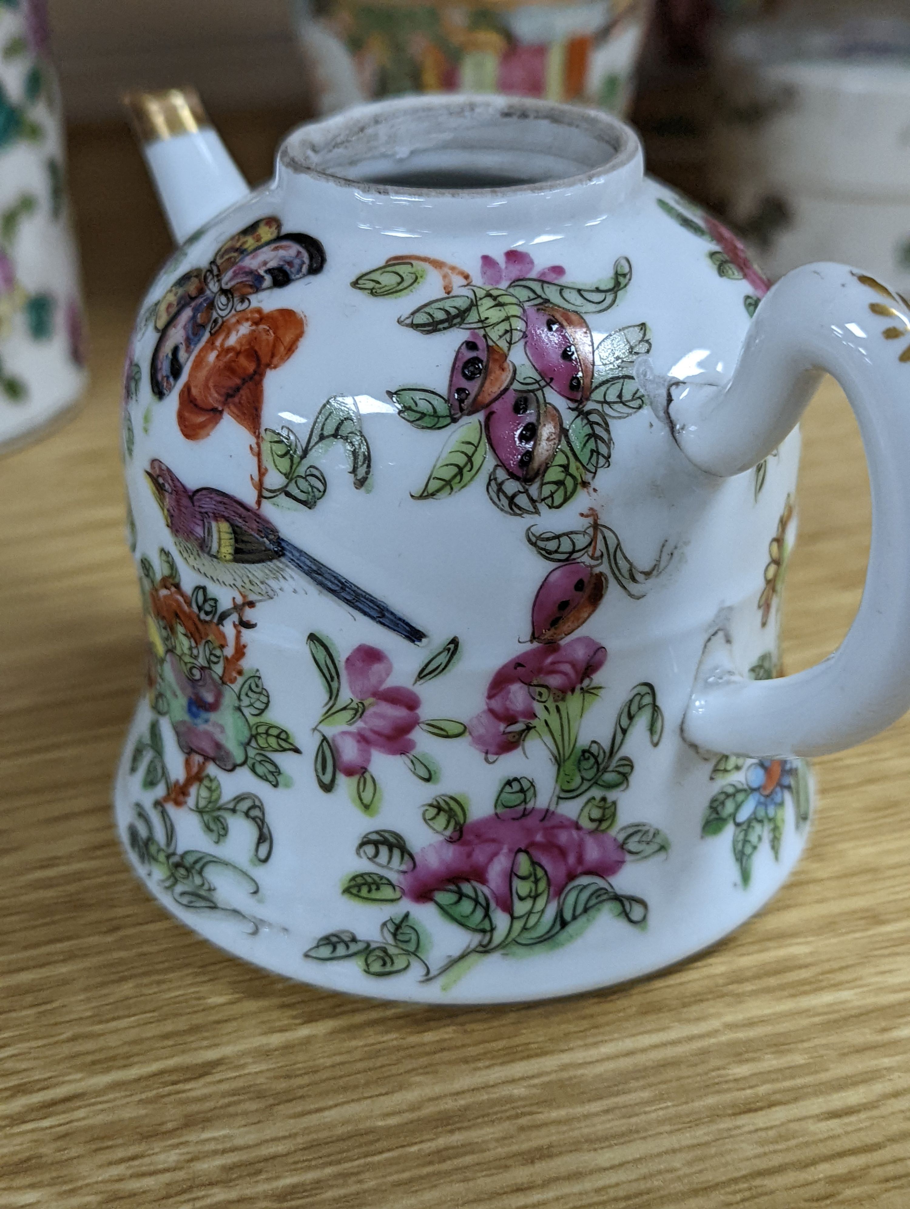 A group of Chinese famille rose vases and jars, a box and cover and a teapot, 19th/20th century, Pair of vases 13 cms high.